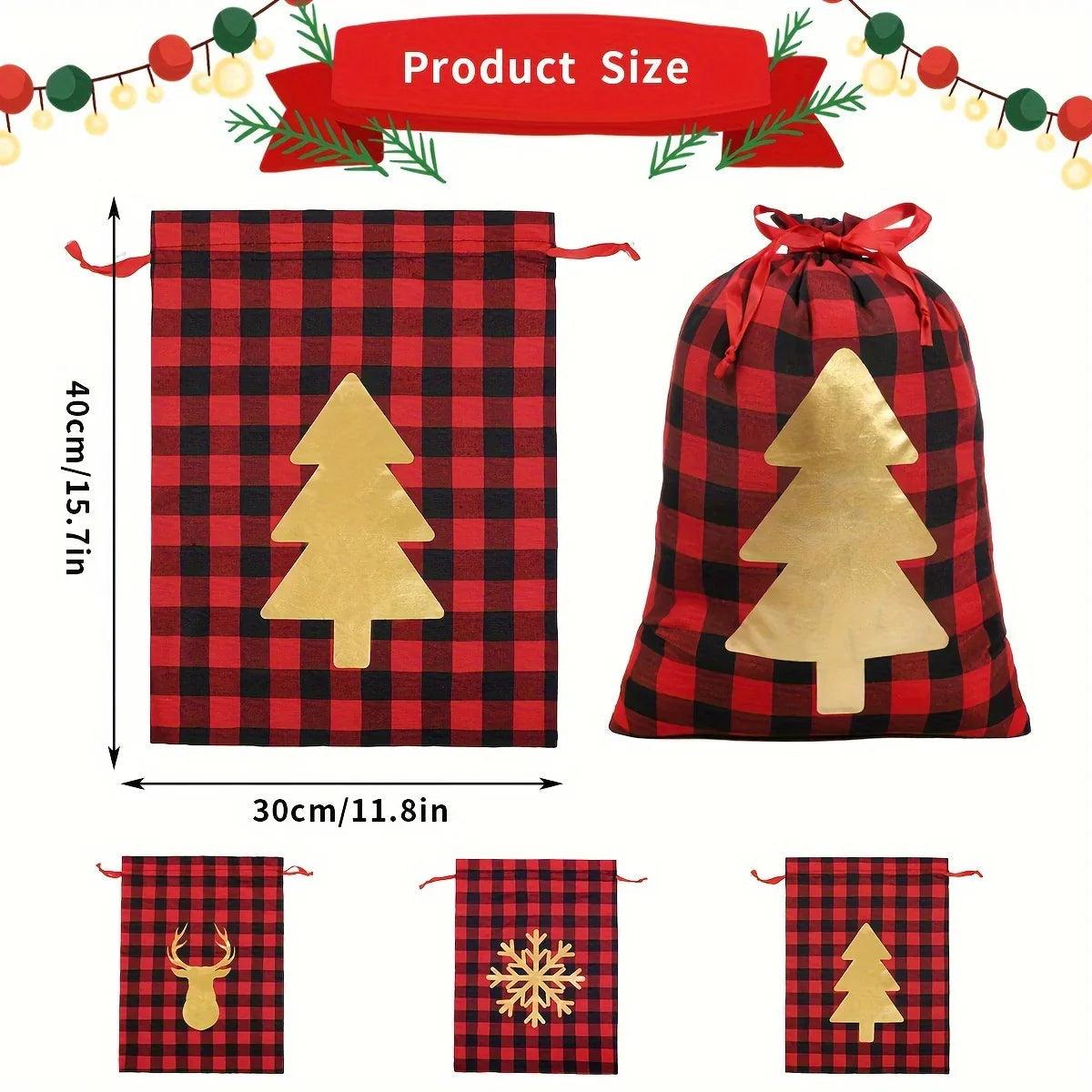 Polyester Christmas Gift Bags with Drawstring - Red & Checkered Medium Size