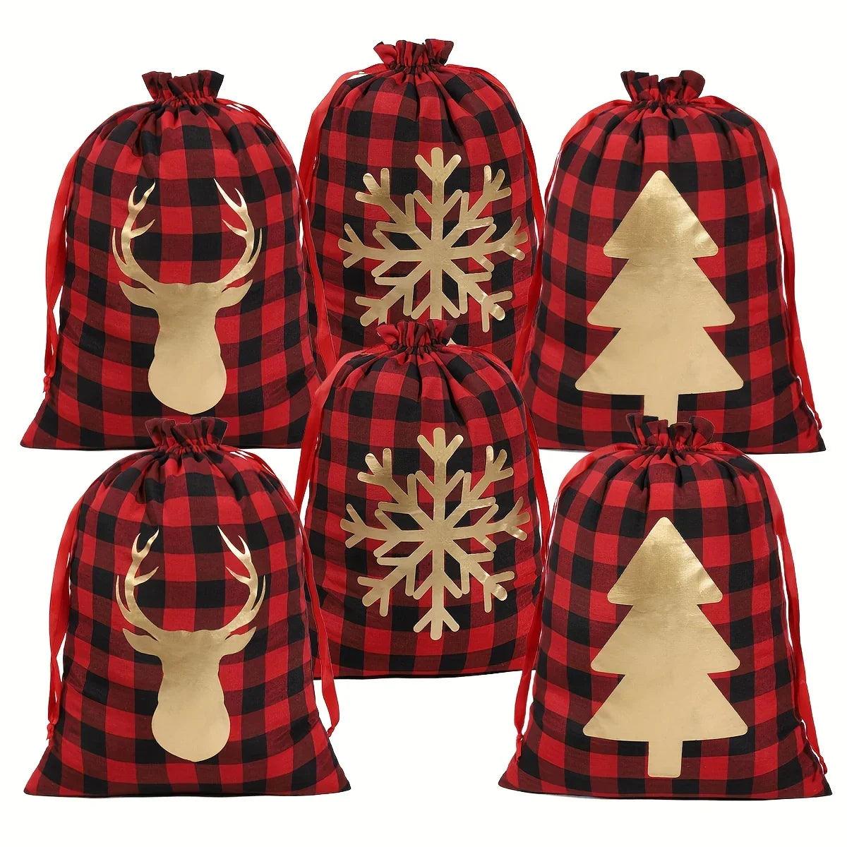 Polyester Christmas Gift Bags with Drawstring - Red & Checkered Medium Size