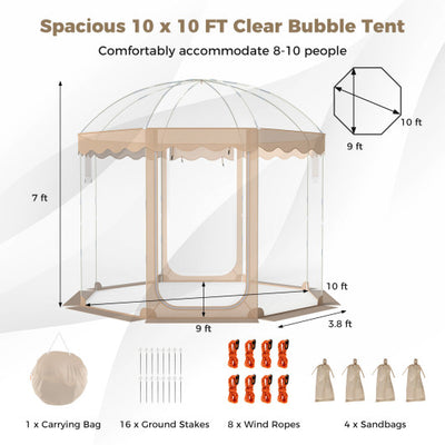 Pop Up Bubble Tent 10x10 FT for 8-10 People Weatherproof Pod with 540° Panoramic Clear PVC