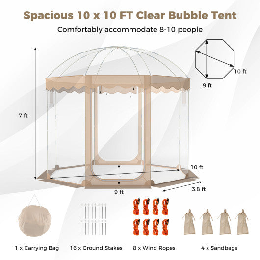 Pop Up Bubble Tent 10x10 FT for 8-10 People Weatherproof Pod with 540° Panoramic Clear PVC