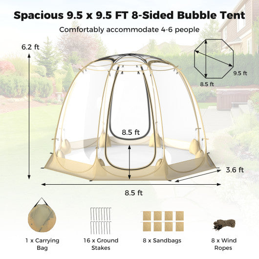 Pop Up Bubble Tent 630° Transparent PVC Igloo 8.5 x 8.5 FT Instant Setup Screen House for 5-6 People-Beige