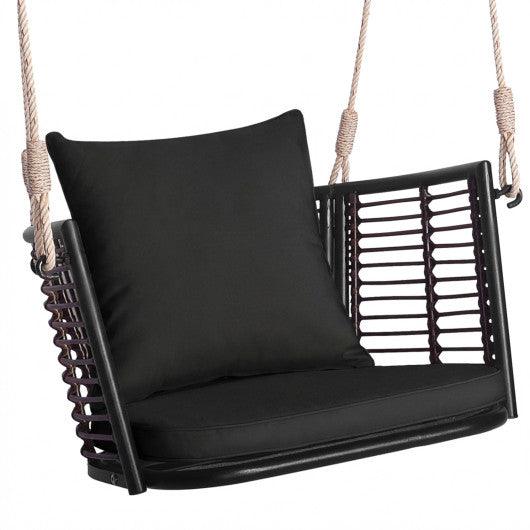 Porch Swing Patio Hanging Rattan Chair with Zippered Cushions and Rope-Black