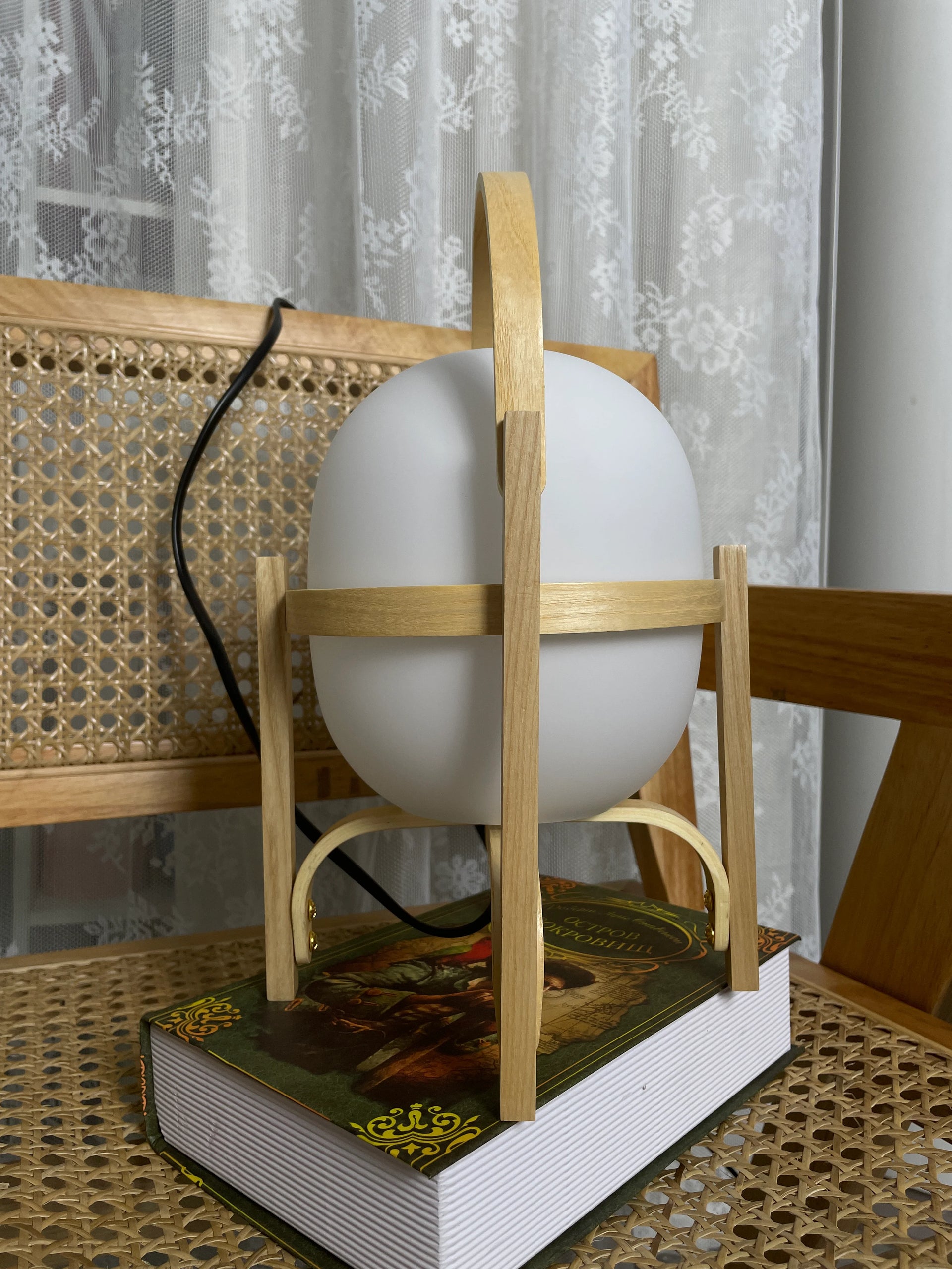 Portable Wood Lantern Glass Table Lamp