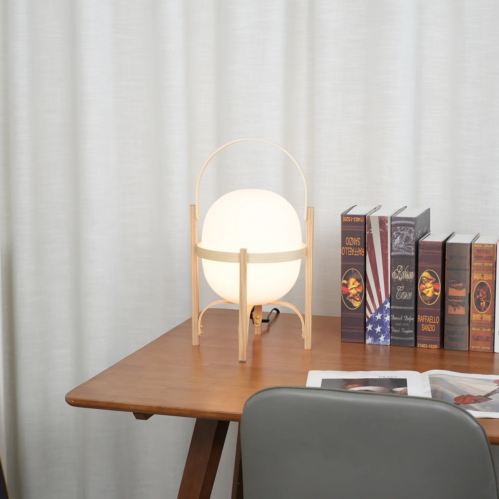 Portable Wood Lantern Glass Table Lamp