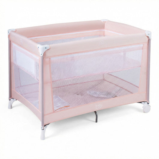 Portable Baby Playard Folding Travel Crib for Infants with Soft Mattress-Pink