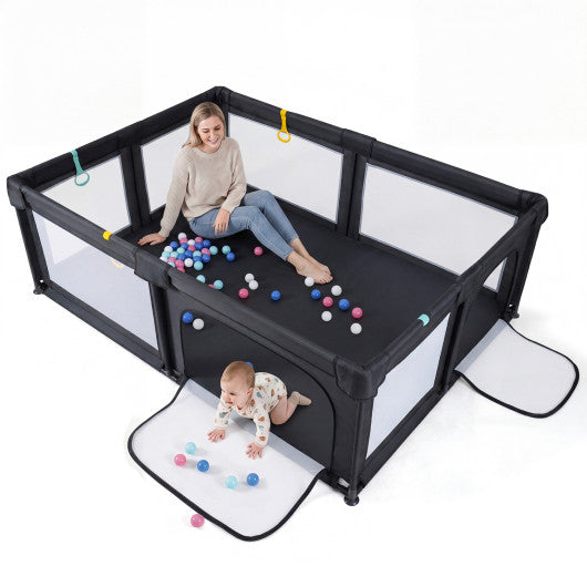 Portable Baby Playpen with 50 Ocean Balls Breathable Mesh and Safe Zippered Doors-Black