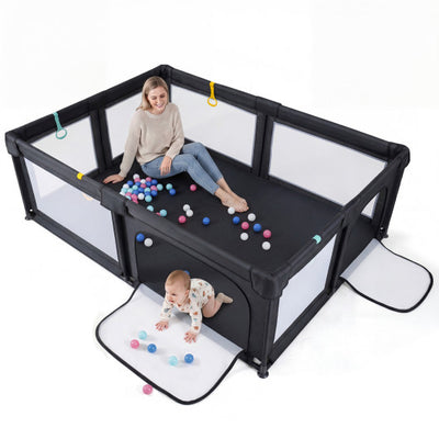 Portable Baby Playpen with 50 Ocean Balls Breathable Mesh and Safe Zippered Doors-Black