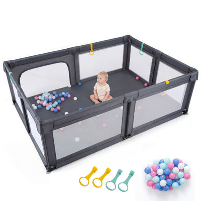 Portable Baby Playpen with 50 Ocean Balls Breathable Mesh and Safe Zippered Doors-Gray