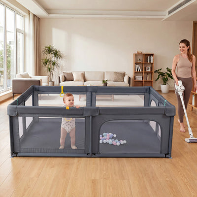 Portable Baby Playpen with 50 Ocean Balls Breathable Mesh and Safe Zippered Doors-Gray