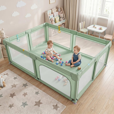 Portable Baby Playpen with 50 Ocean Balls Breathable Mesh and Safe Zippered Doors-Green