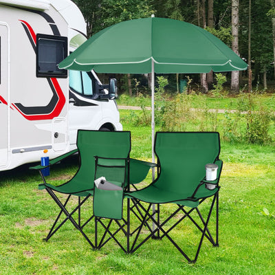 Portable Folding Picnic Double Chair With Removable Umbrella-Green