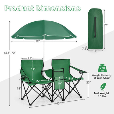 Portable Folding Picnic Double Chair With Removable Umbrella-Green