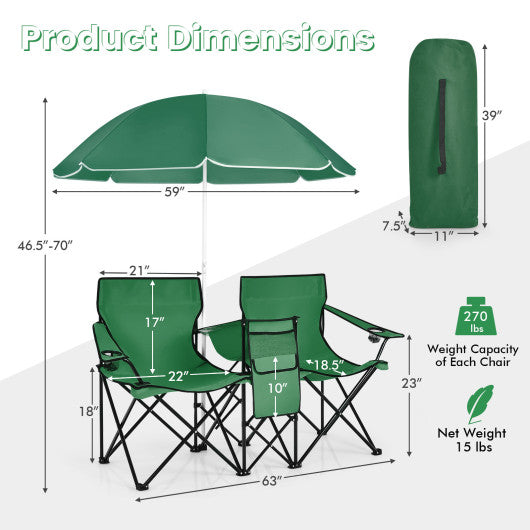 Portable Folding Picnic Double Chair With Removable Umbrella-Green