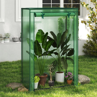 Portable Mini Greenhouse with Roll-Up Zippered Door-Green
