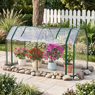Portable Mini Greenhouse with PE Cover and Zippered Door for Vegetables-Green