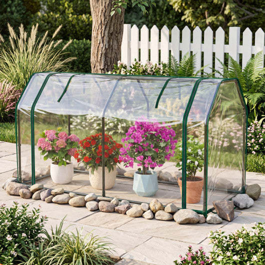 Portable Mini Greenhouse with PE Cover and Zippered Door for Vegetables-Green