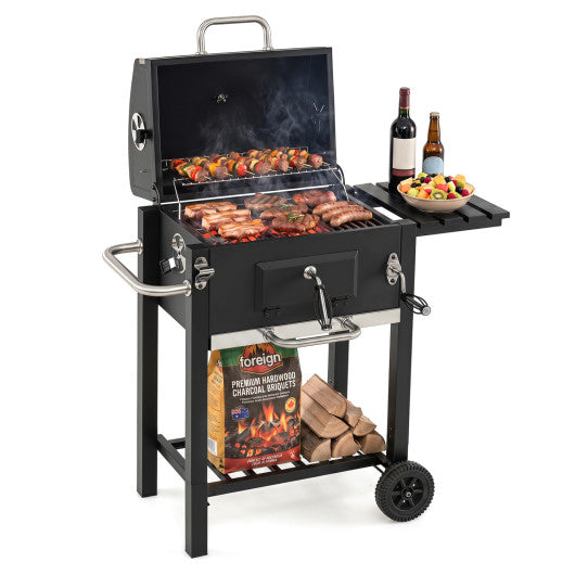 Portable Outdoor Barbecue Grill with Adjustable Charcoal Tray and Wheels-Black