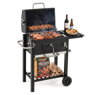 Portable Outdoor Barbecue Grill with Adjustable Charcoal Tray and Wheels-Black