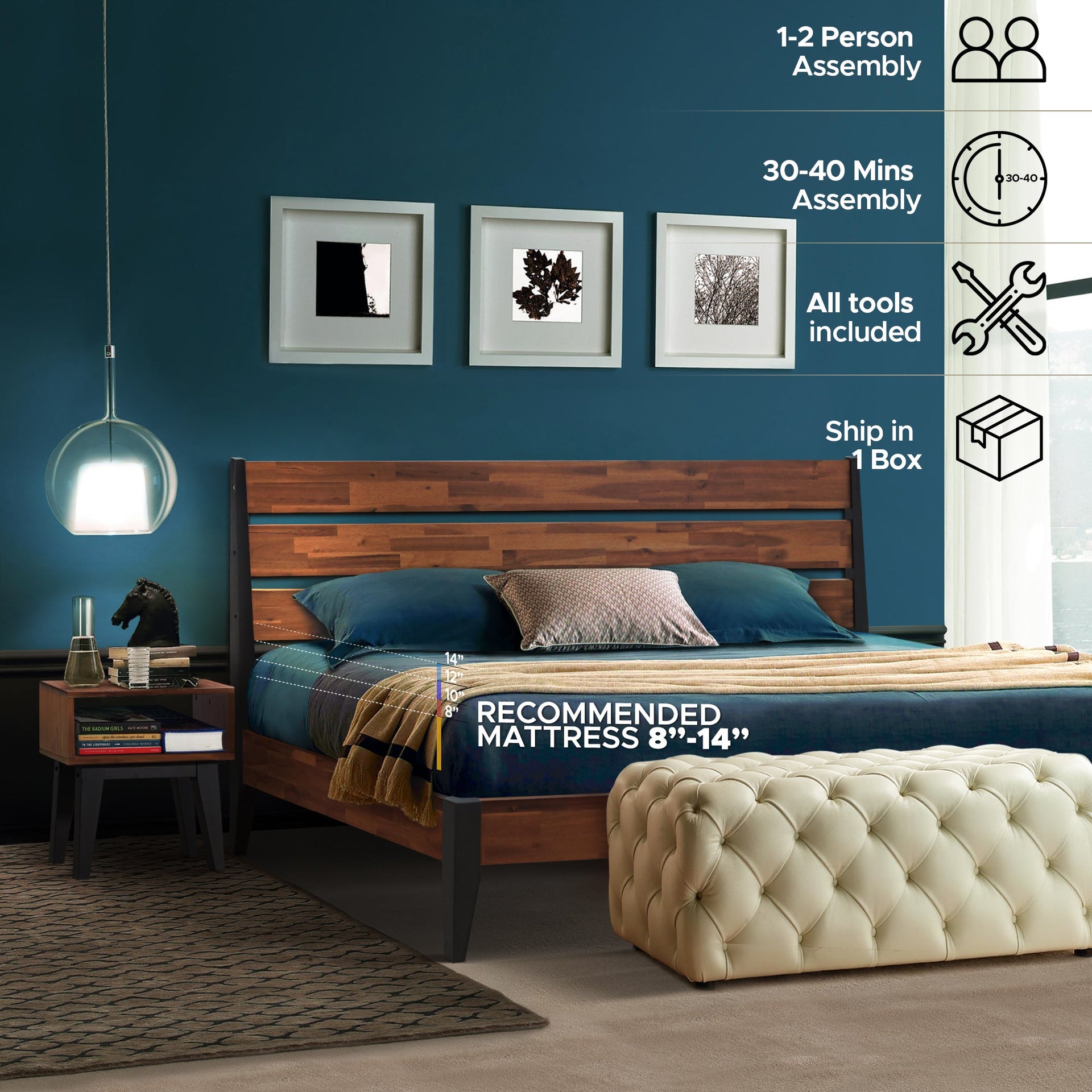 Acacia Emery Solid Wood Bed Frame & Nightstand Bedroom Set