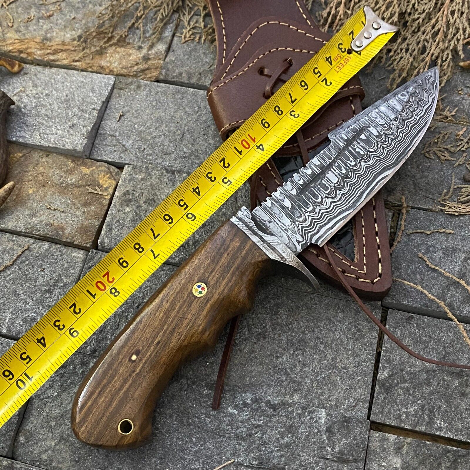 🔥 Handmade Damascus Steel Hunting Knife – Rosewood Handle & Damascus Guard + Leather Sheath