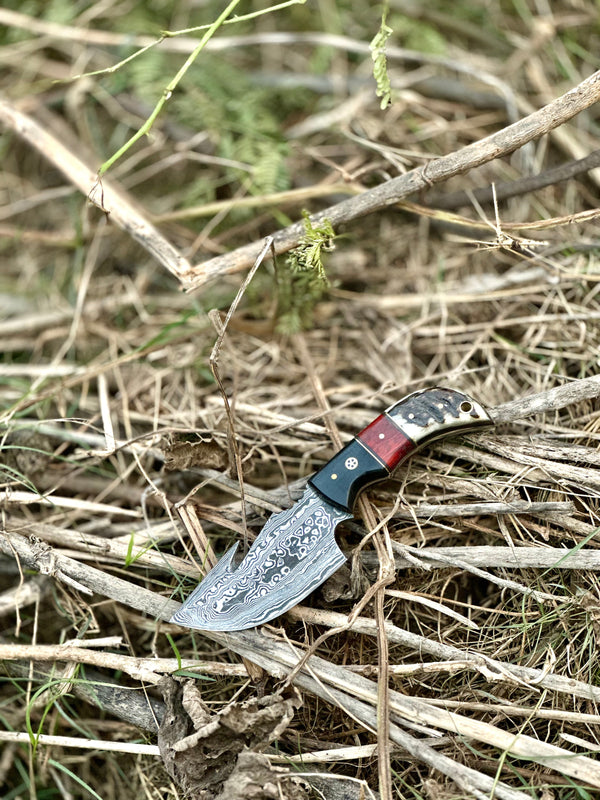 Premium Custom Handmade Damascus Steel Guthook Skinning Knife with Resin Handle - 7.5” Sharp Blade with Leather Sheath