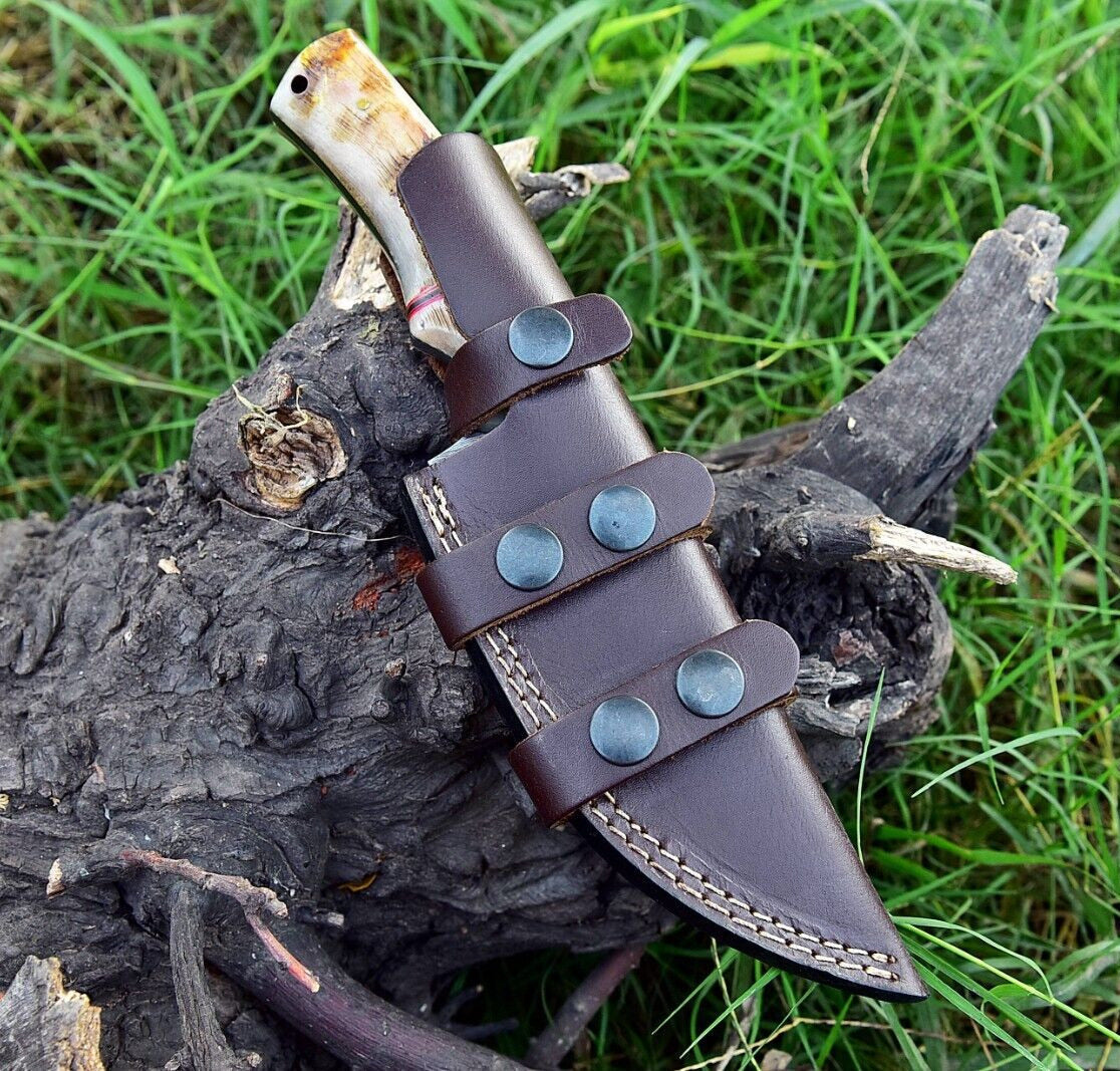 Custom Handmade Damascus Steel Skinner Knife with Sheep Horn Handle – 4.5