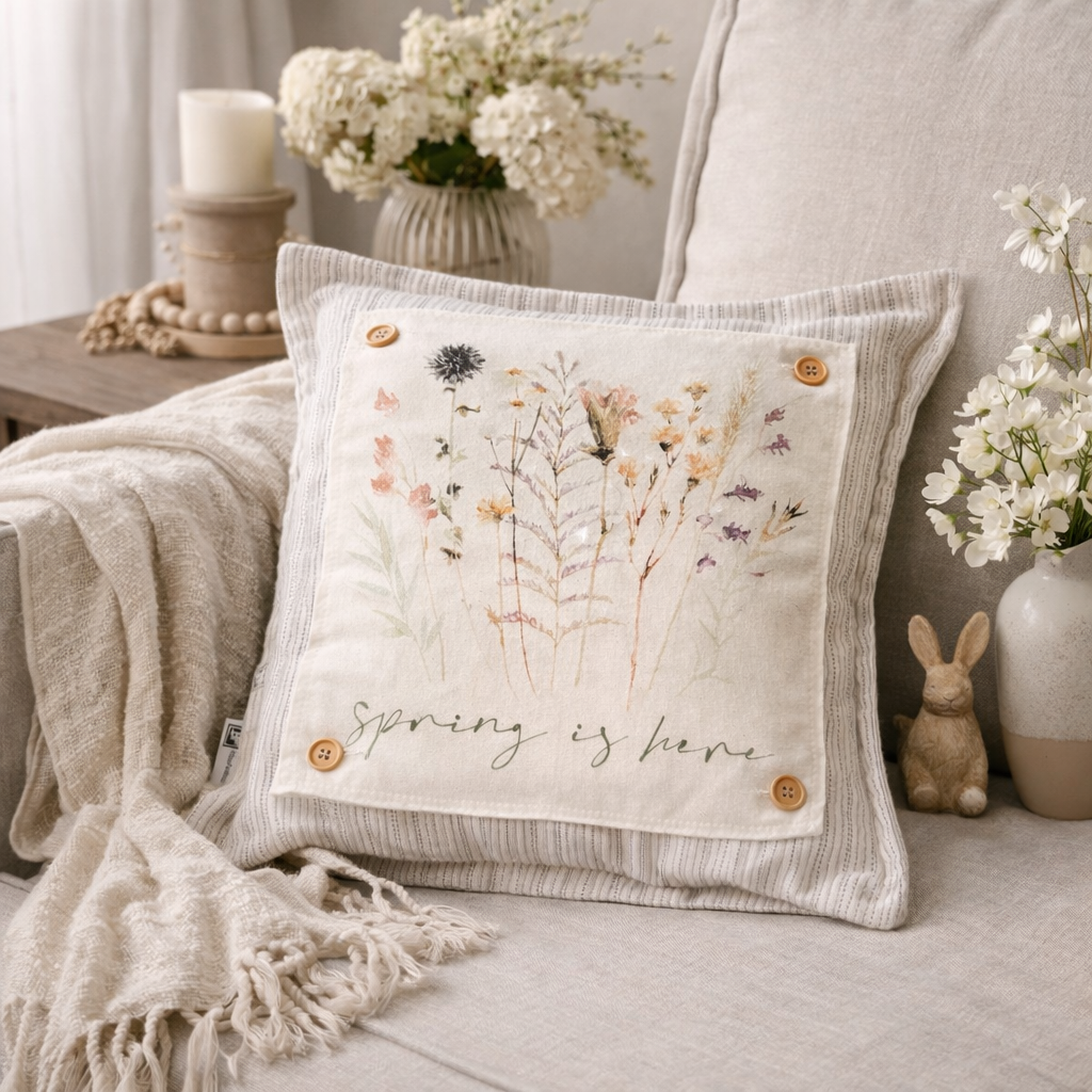 NEW! SQUARE BUNDLE SET: TICKING STRIPES PILLOW (comes with foam insert and these 3 panels in back pocket); throw pillow Winter : SKI BENCH, HEARTS, PRESSED FLOWERS