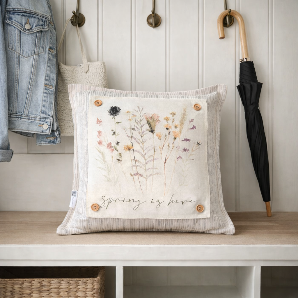 PILLOW ONLY: SQUARE Ticking Stripes Pillow;  CREAM/BLACK/TAN TICKING STRIPES PILLOW (with insert)