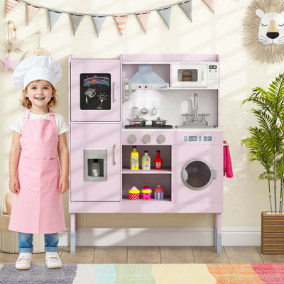 Pretend Play Kitchen Toy Kitchen Playset with Range Hood Ice Maker and Telephone-Pink