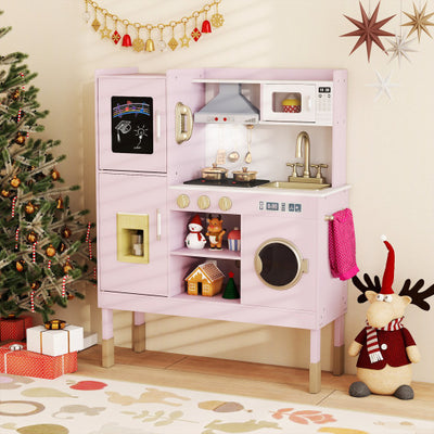 Pretend Play Kitchen Toy Kitchen Playset with Range Hood Ice Maker and Telephone-Light Pink