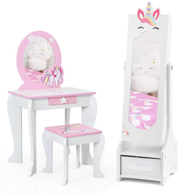 Kids Princess Vanity Table and Stool Set with Jewelry Cabinet and Mirror Drawer-Pink
