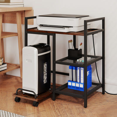 Printer Stand with Charging Station and Storage Shelves-Rustic Brown