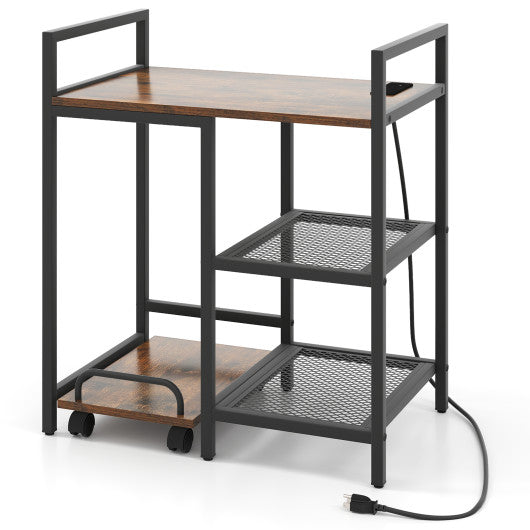 Printer Stand with Charging Station and Storage Shelves-Rustic Brown