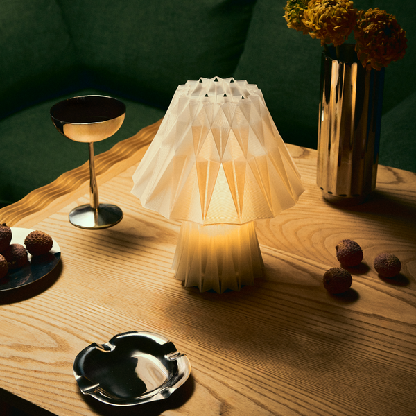 Decorative lamp on a wooden table with a cocktail glass, ashtray, and small plants.