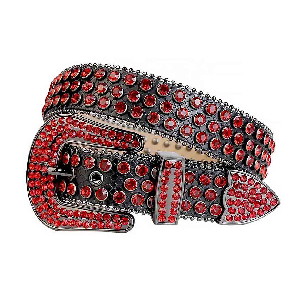 Black Strap With Red Studded Rhinestone Belt