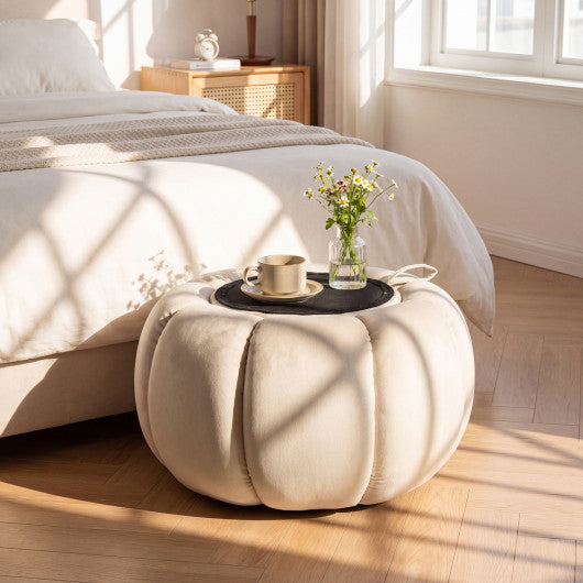 Pumpkin Ottoman with Hidden Storage and Removable Lid-Beige