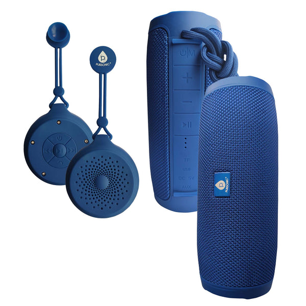 A set of two blue wireless speakers with a textured surface and a central control button, accompanied by a blue waterproof cover.