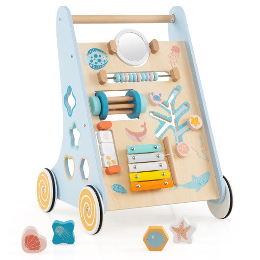Wooden Baby Walker Push and Pull Learning Activity Center with Wheels-Blue