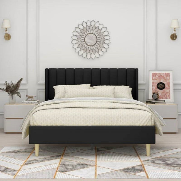 Queen size Mid-Century Black Linen Platform Bed Frame with Upholstered Headboard