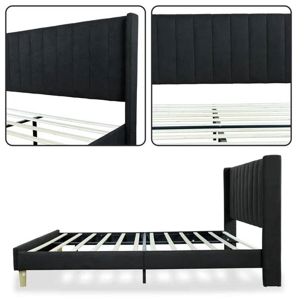 Queen size Mid-Century Black Linen Platform Bed Frame with Upholstered Headboard