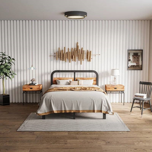 Queen Heavy Duty Black Metal Bed Frame with Solid Wood Panel Headboard