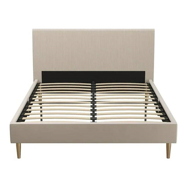 Queen Mid-Century Ivory Cream Velvet Upholstered Platform Bed with Headboard