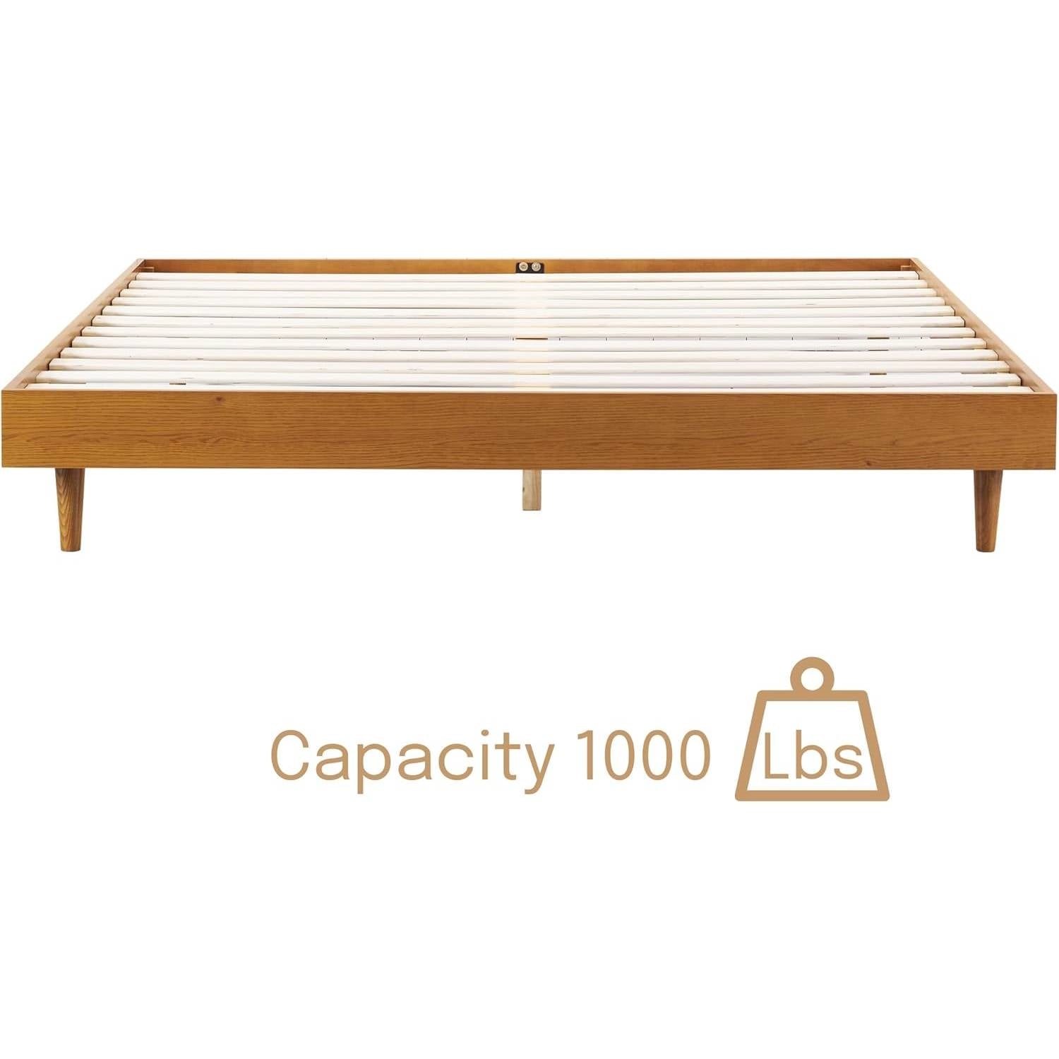 Queen size Mid-Century Modern Platform Bed Frame in Light Wood Finish