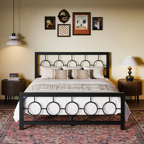 Queen Black Metal Platform Bed Frame with Circle Medallion Headboard Footboard