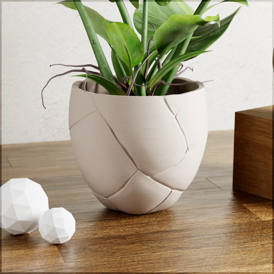 Modern beige woven planter with a plant on a wooden surface