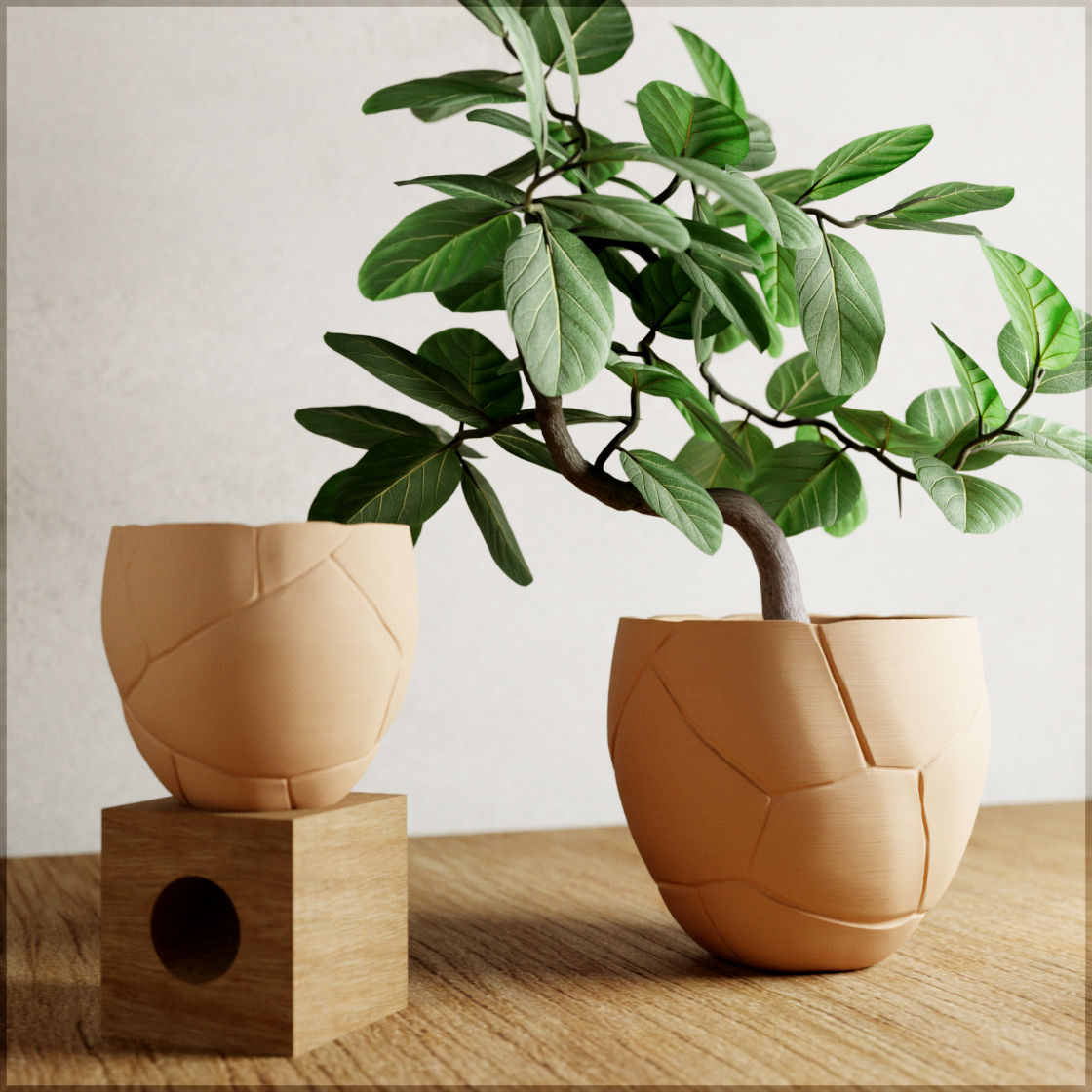 Two unique wooden planters with a tree on a wooden surface.