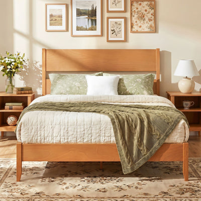 Queen Bed Frame with Headboard and Solid Wood Legs 12 Slats-Warm Brown