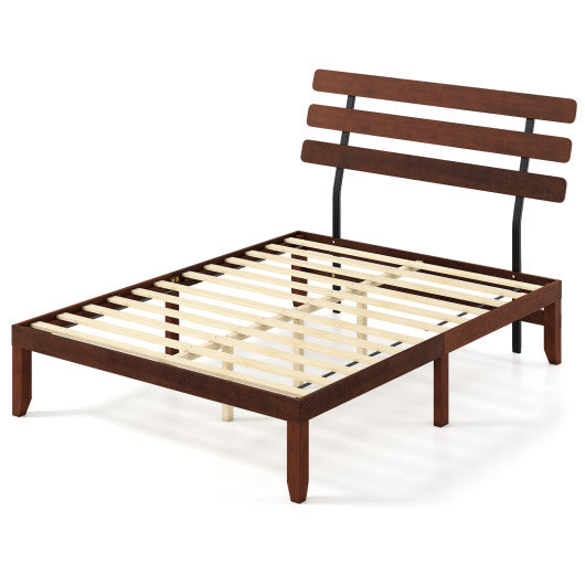 Queen Size Bed Frame 15.5 Inch Solid Wood Platform Bed with Retro Headboard