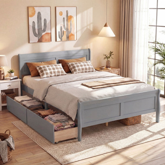 Queen Size Bed Frame with 2 Storage Drawers and Footboard-Gray