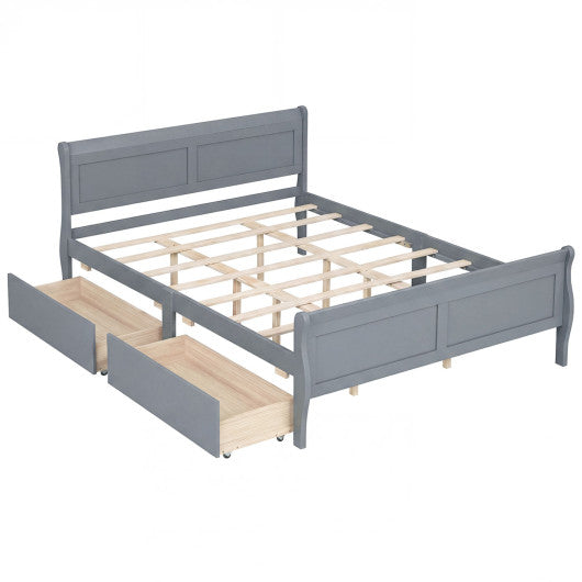 Queen Size Bed Frame with 2 Storage Drawers and Footboard-Gray